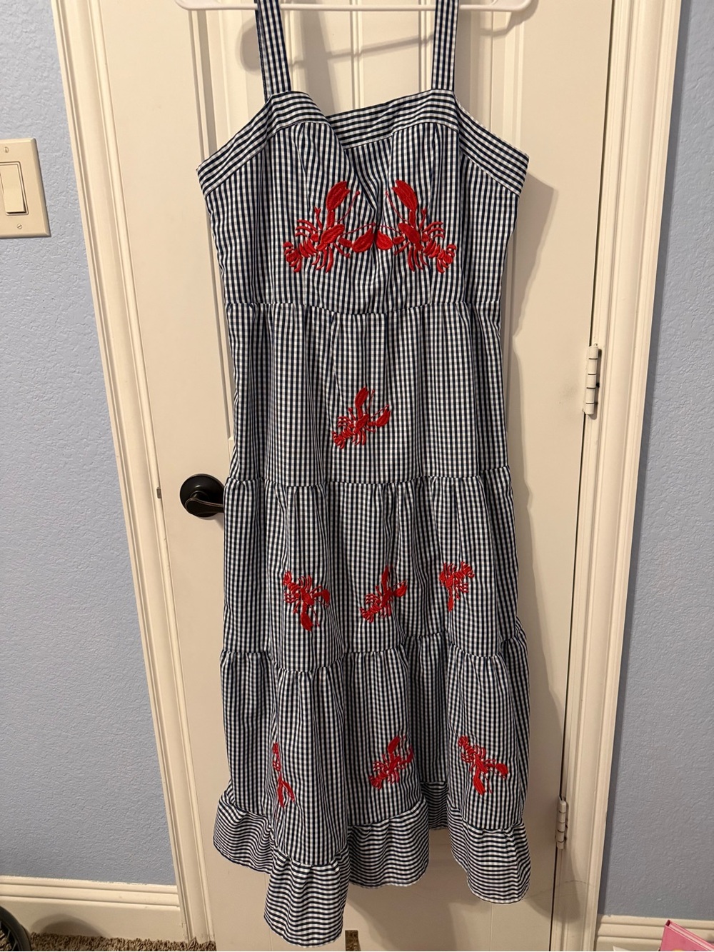 Blue and White Gingham Tiered Sundress with Embroidered Lobsters 🦞
